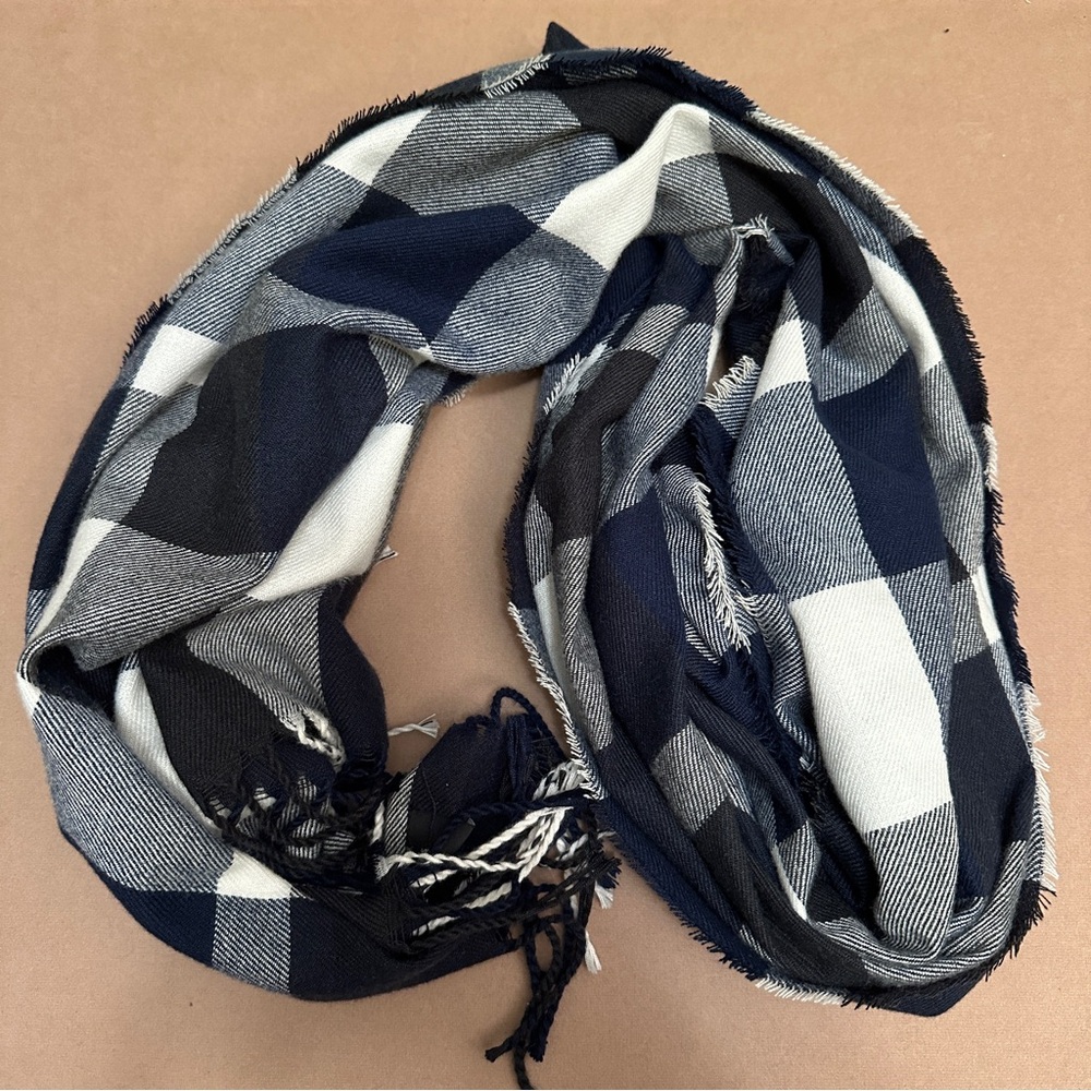 Plush Brand Navy/Ivory/Black Plaid Scarf with Tassels